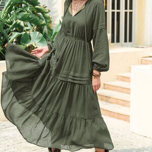 Army Green Boho Women's Chiffon V-Neck Tie Elegant Long Dresses